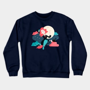 Kawaii Witch Flying in the moonlight With Her Black Cat and Cauldron Crewneck Sweatshirt